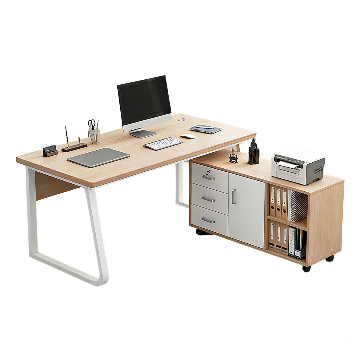 Sturdy Office Desk with Mobile Side Cabinet and Steel Legs for Workspace