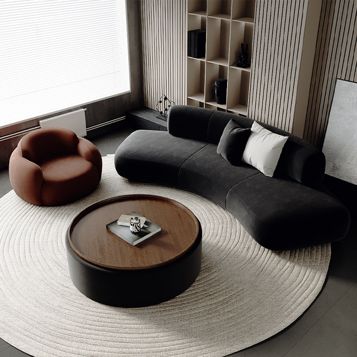 Vintage High-End Curved Black Backrest Sofa with Thick Cushions