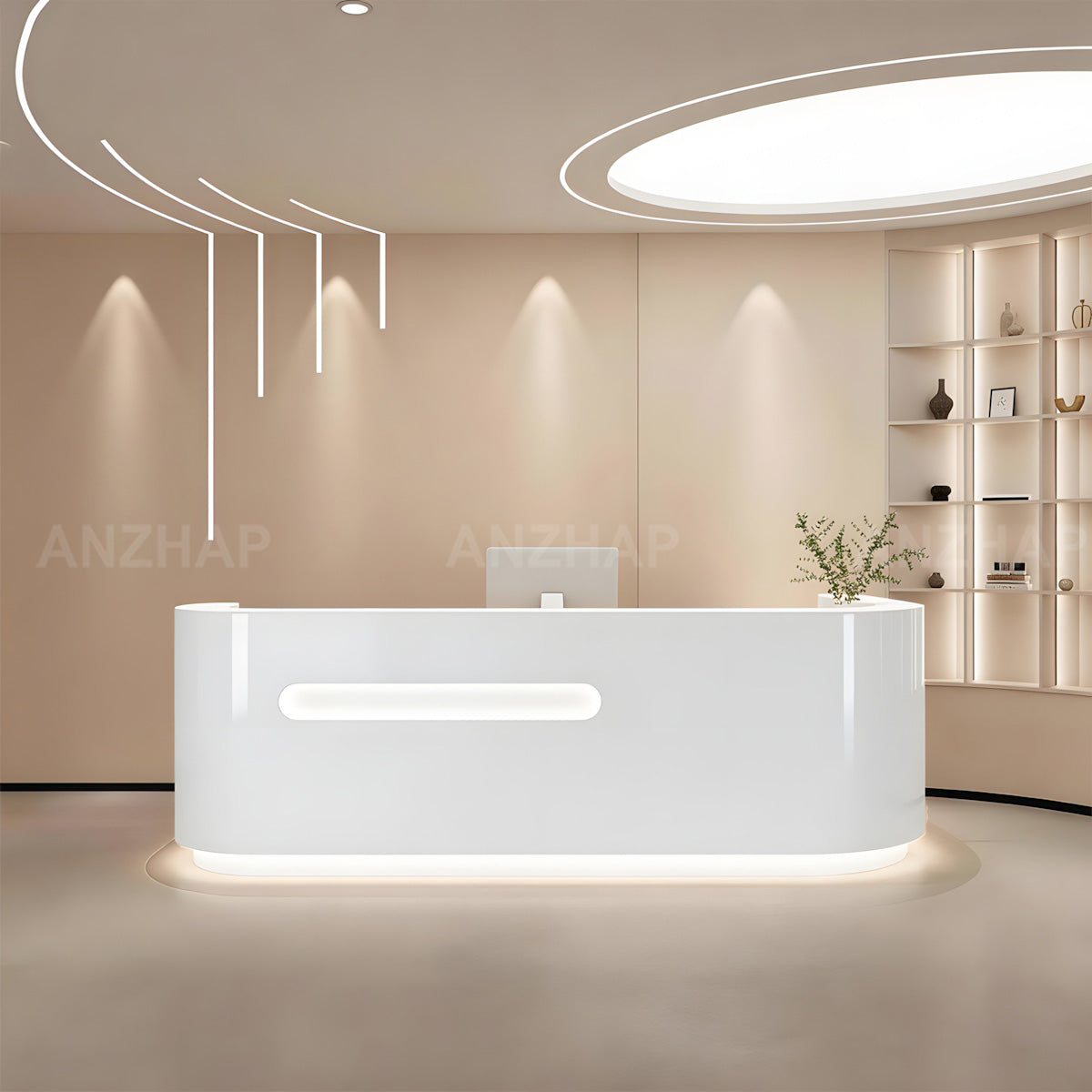 Modern High-Gloss Reception Desk with LED Accent Lighting and Lockable Storage