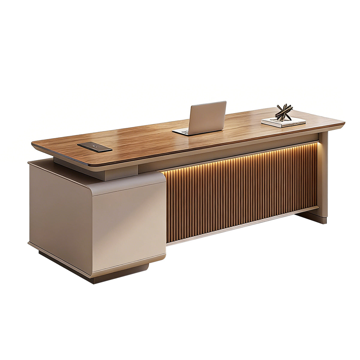 Modern Luxury Executive Desk with Built-In Power Outlet, Rounded Corners, and Ample Storage