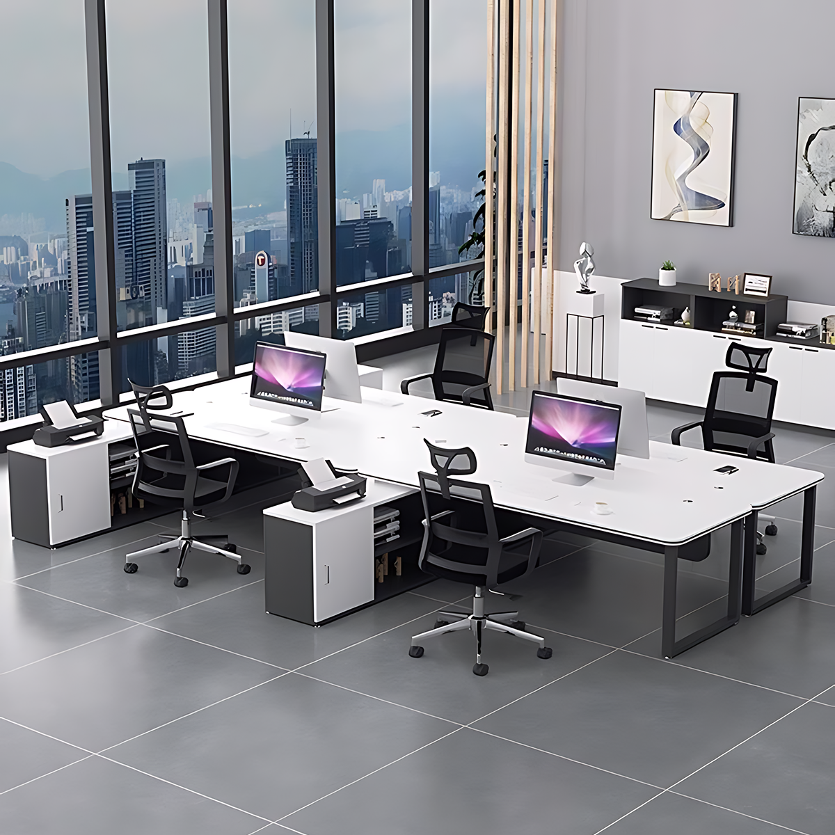 Minimalist Spacious Employee Desk with Sturdy Large Side Cabinet and Robust Legs