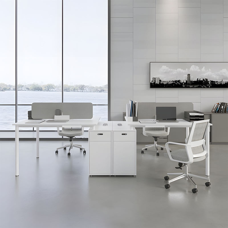 Modern White Office Desk with Gray Privacy Panel Lockable Storage