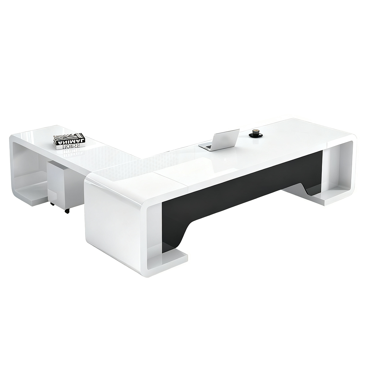 Minimalist Luxury White L-Shaped Executive Desk with Black Privacy Panel