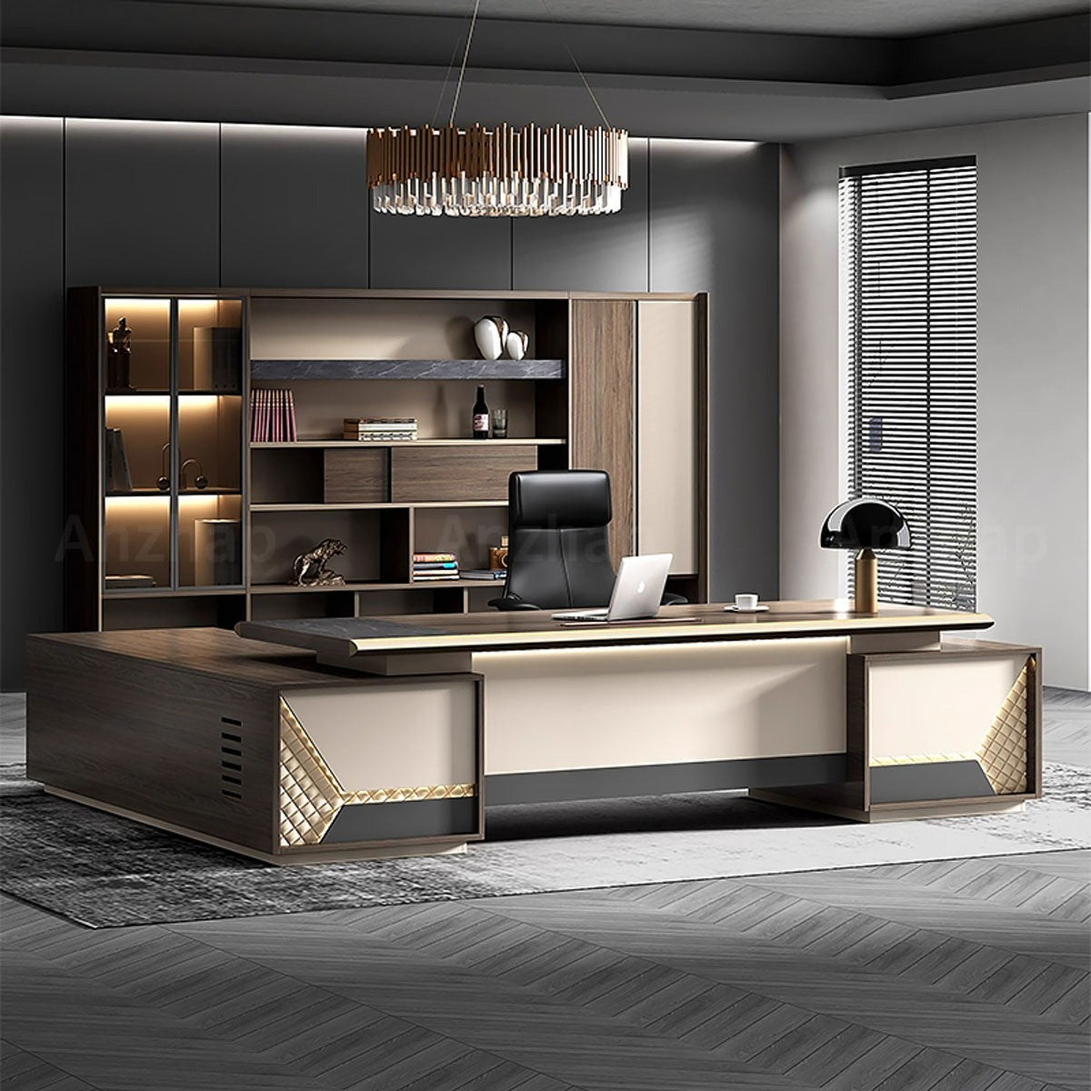 Elegant Minimalist Executive Desk with LED Accent Lighting and Thickened Desktop