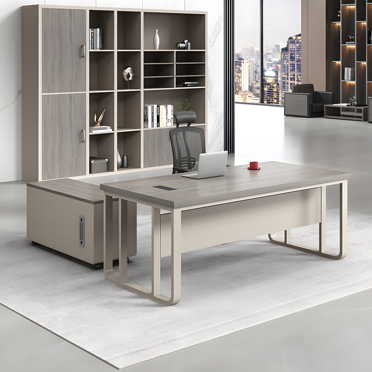 Executive Desk For Work Office Desk With side cabinet For PC With Vent Curtain Board with Wiring BOX