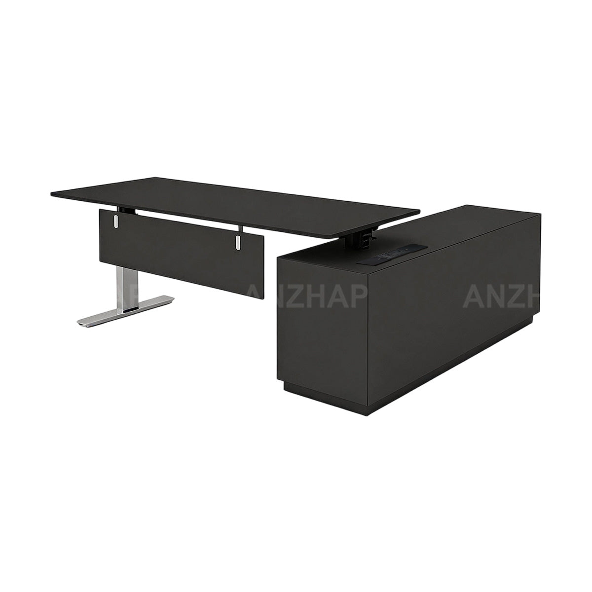 Electric Height-Adjustable Executive Desk with Power Hub and Storage Cabinet