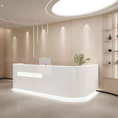 Modern High-Gloss Reception Desk with LED Accent Lighting and Lockable Storage