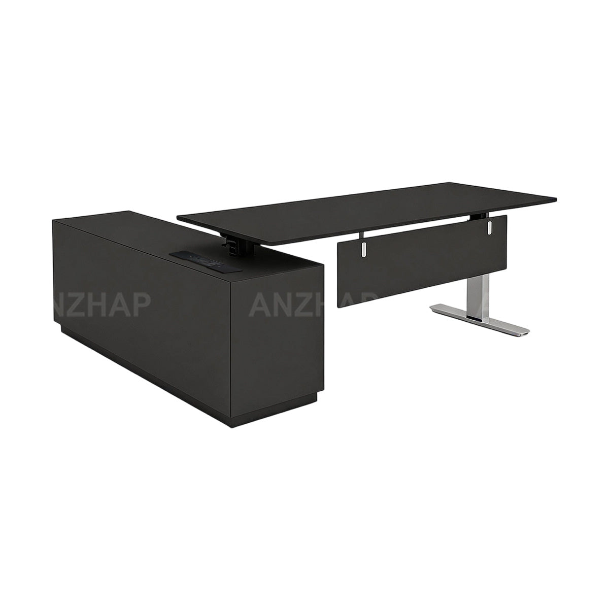 Electric Height-Adjustable Executive Desk with Power Hub and Storage Cabinet