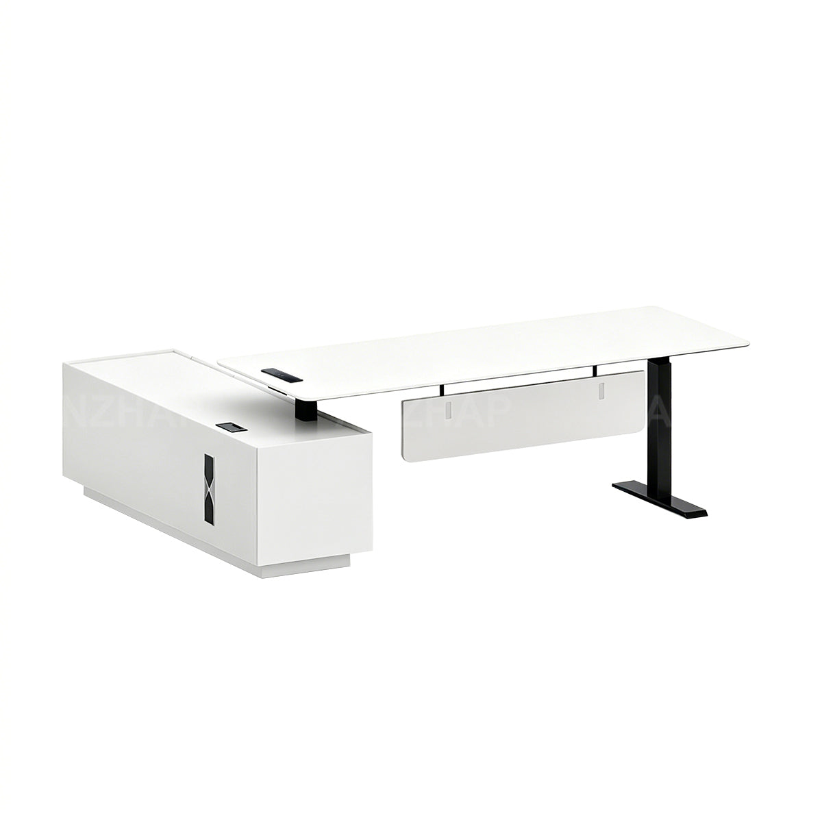 Modern Height-Adjustable Executive Desk with Power Outlets and Secure Side Storage