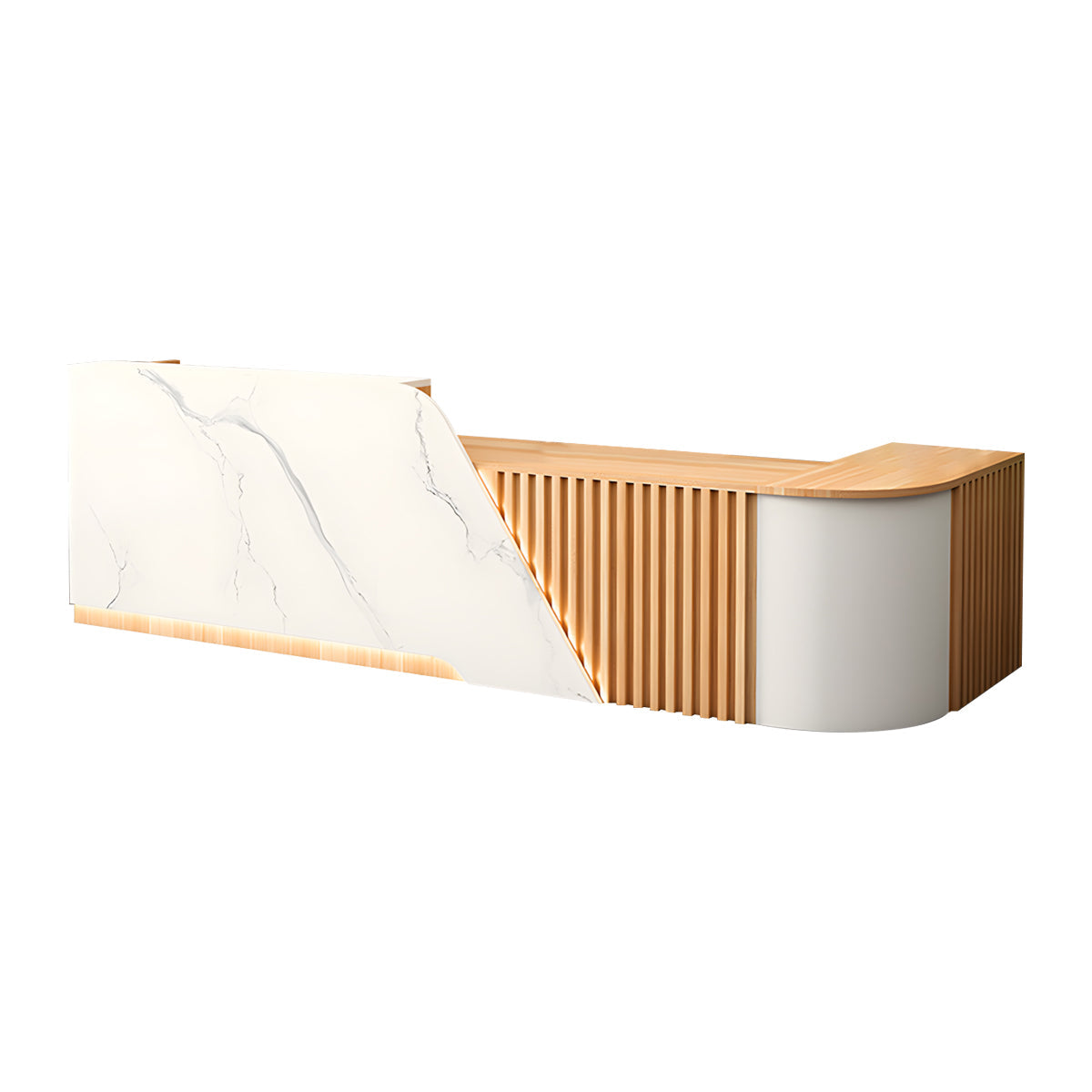Reception Desk, White Textured + Natural Corner on the Left, White Textured + Natural finish, L63" x W24" x H39", for reception area or front office,...