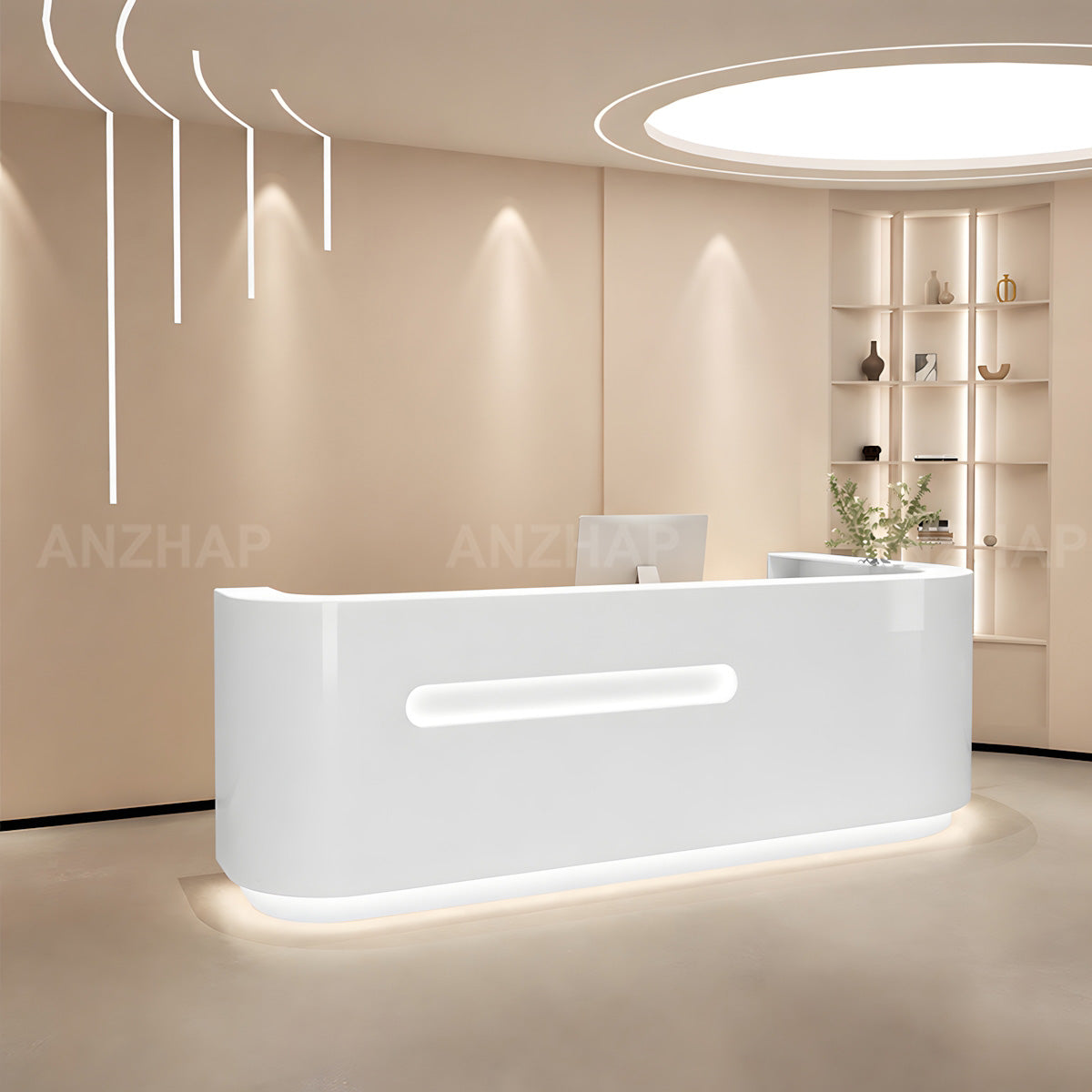 Modern High-Gloss Reception Desk with LED Accent Lighting and Lockable Storage
