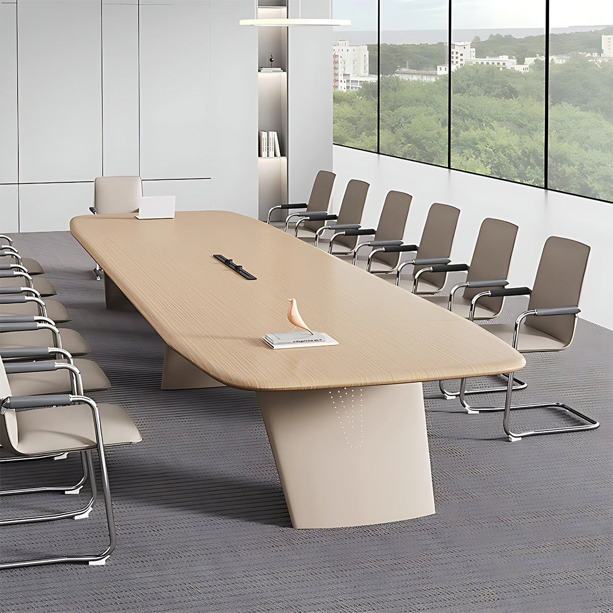Minimalist Spacious Beige Conference Table with Hollow LED Light Strip and Sturdy Legs