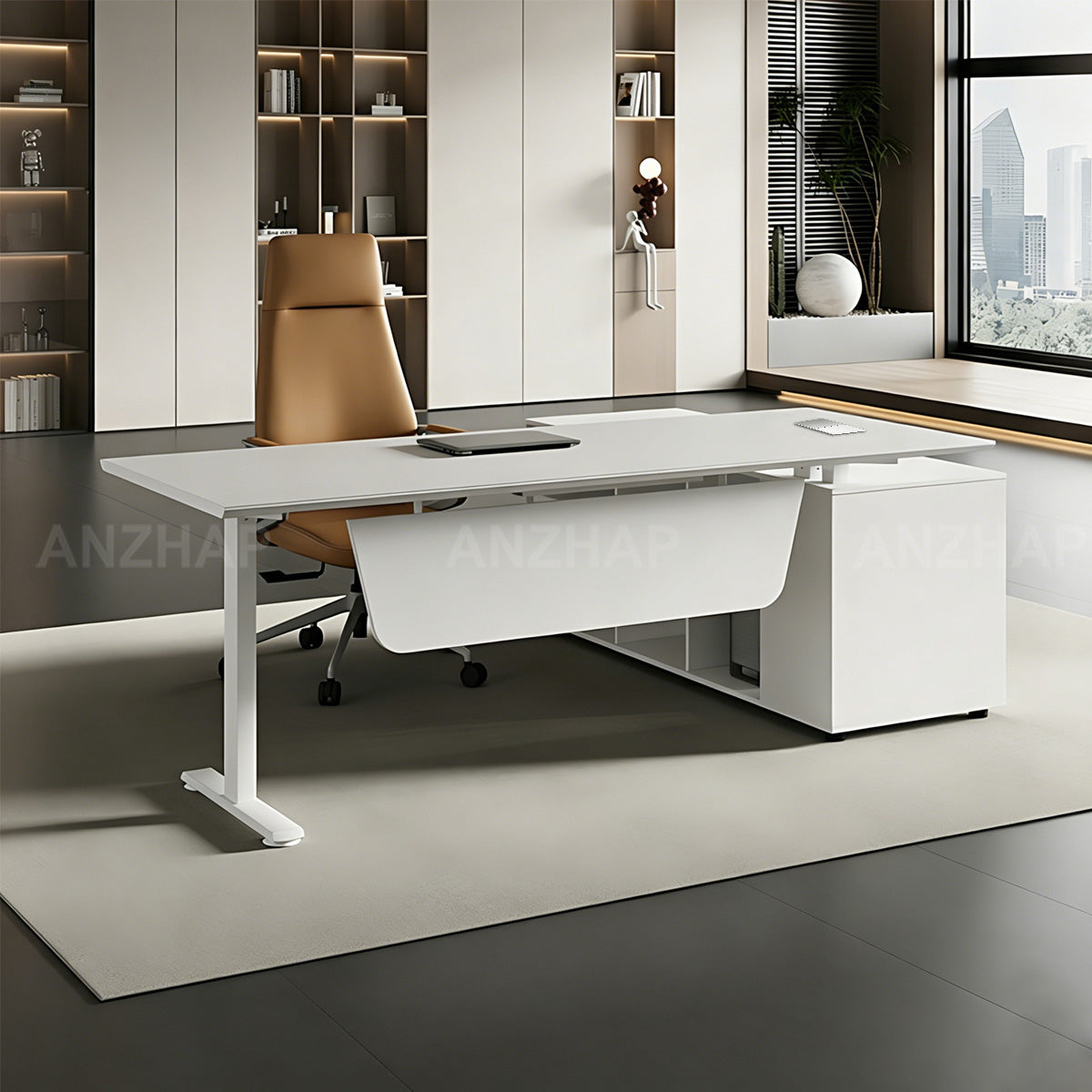 Contemporary Executive Sit-stand Desk for Office & Corporate Workspace with Wired Charging & Side Storage Cabinet (71–87")