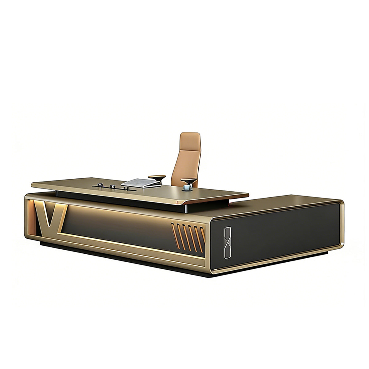 Functional Executive Desk with LED Lights & Built-In Power Rail