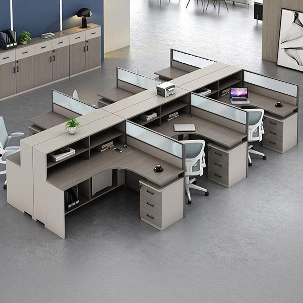 L-Shaped Minimalist Office Desk with Built-In Outlets, Ample Storage Space