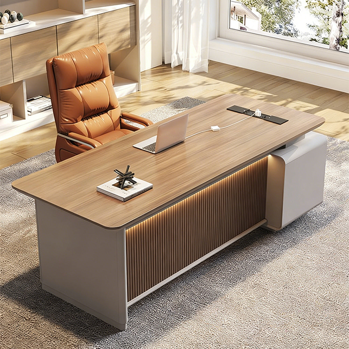 Modern Luxury Executive Desk with Built-In Power Outlet, Rounded Corners, and Ample Storage