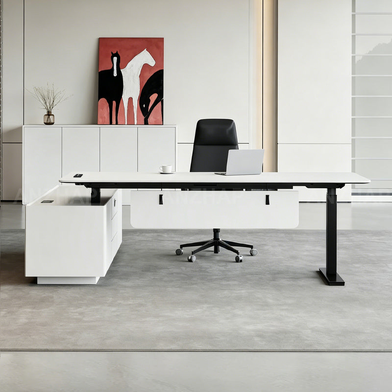 Modern Height-Adjustable Executive Desk with Power Outlets and Secure Side Storage