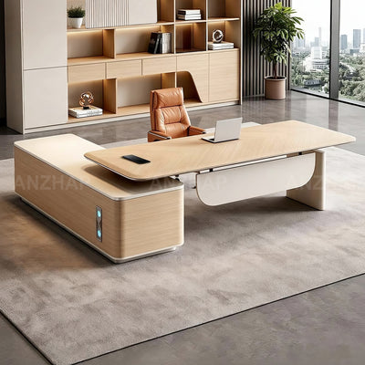 Height-Adjustable Executive Desk with Built-In Power and Side Storage Cabinet