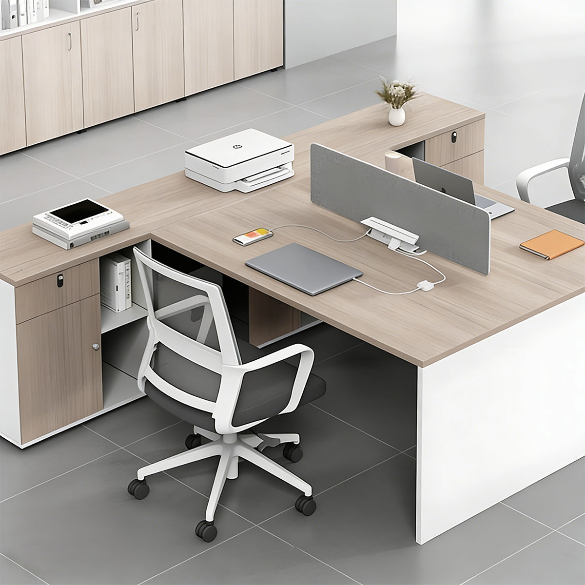 Minimalist Office Desk with Built-In Outlets, Ample Storage, and Privacy Panel
