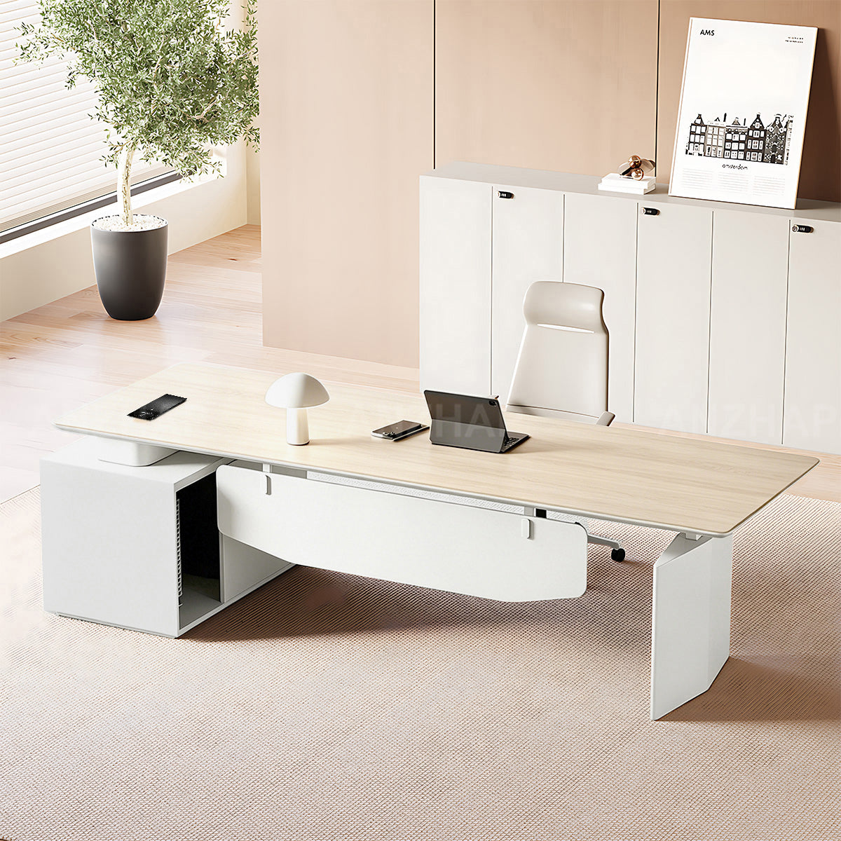 Modern Minimalist Executive Desk 55–94 in Wide with Built-In Power Outlets, File Drawers, Privacy Panel & Steel Frame