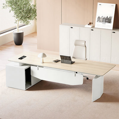 Modern Minimalist Executive Desk 55–94 in Wide with Built-In Power Outlets, File Drawers, Privacy Panel & Steel Frame