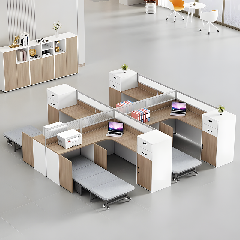 Modern Minimalist Natural and White Cubicle Desk with Foldable Bed and Functional Storage Cabinet