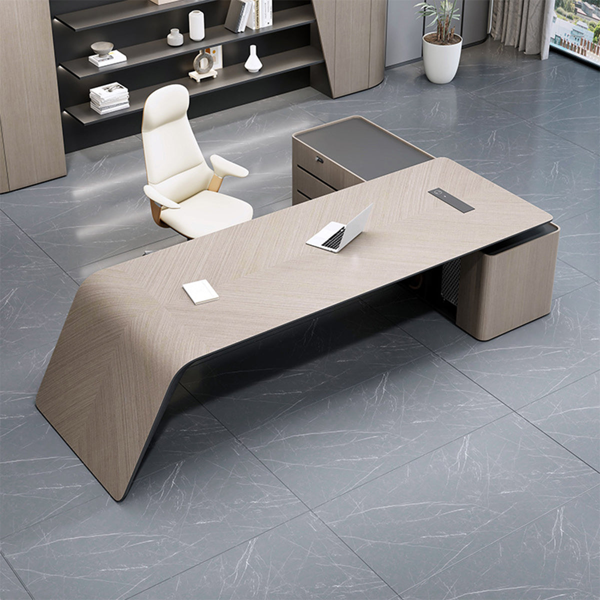 Executive Desk with Natural Wood Veneer & Storage Cabinet