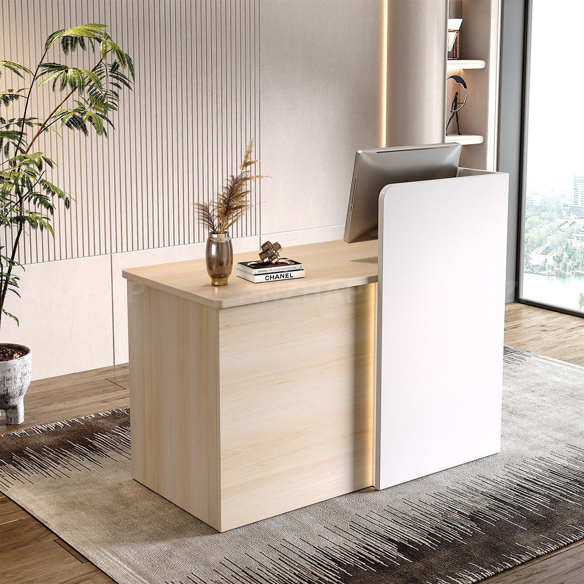 Elegant Reception Desk with Cable Management and Secure Storage for Offices