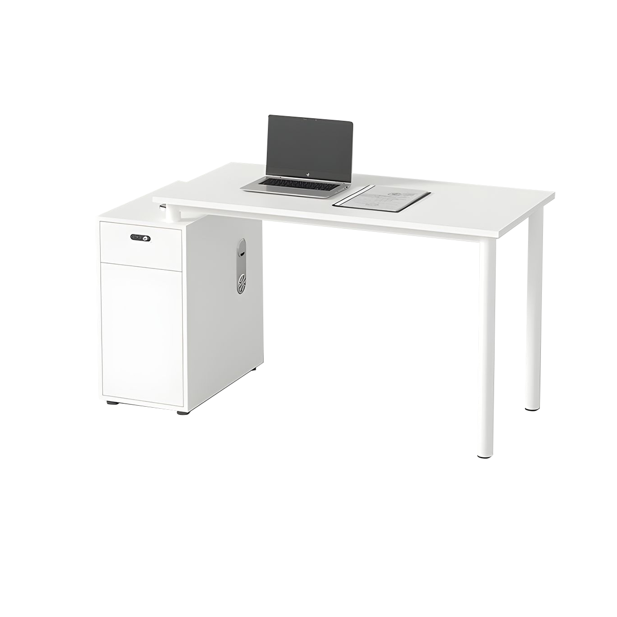 Modern White Office Desk with Gray Privacy Panel Lockable Storage