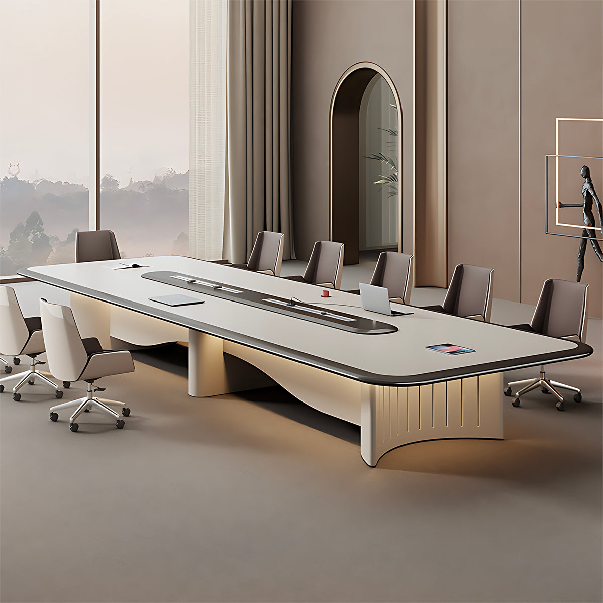 Modern Conference Table with Cable Management and LED Lighting