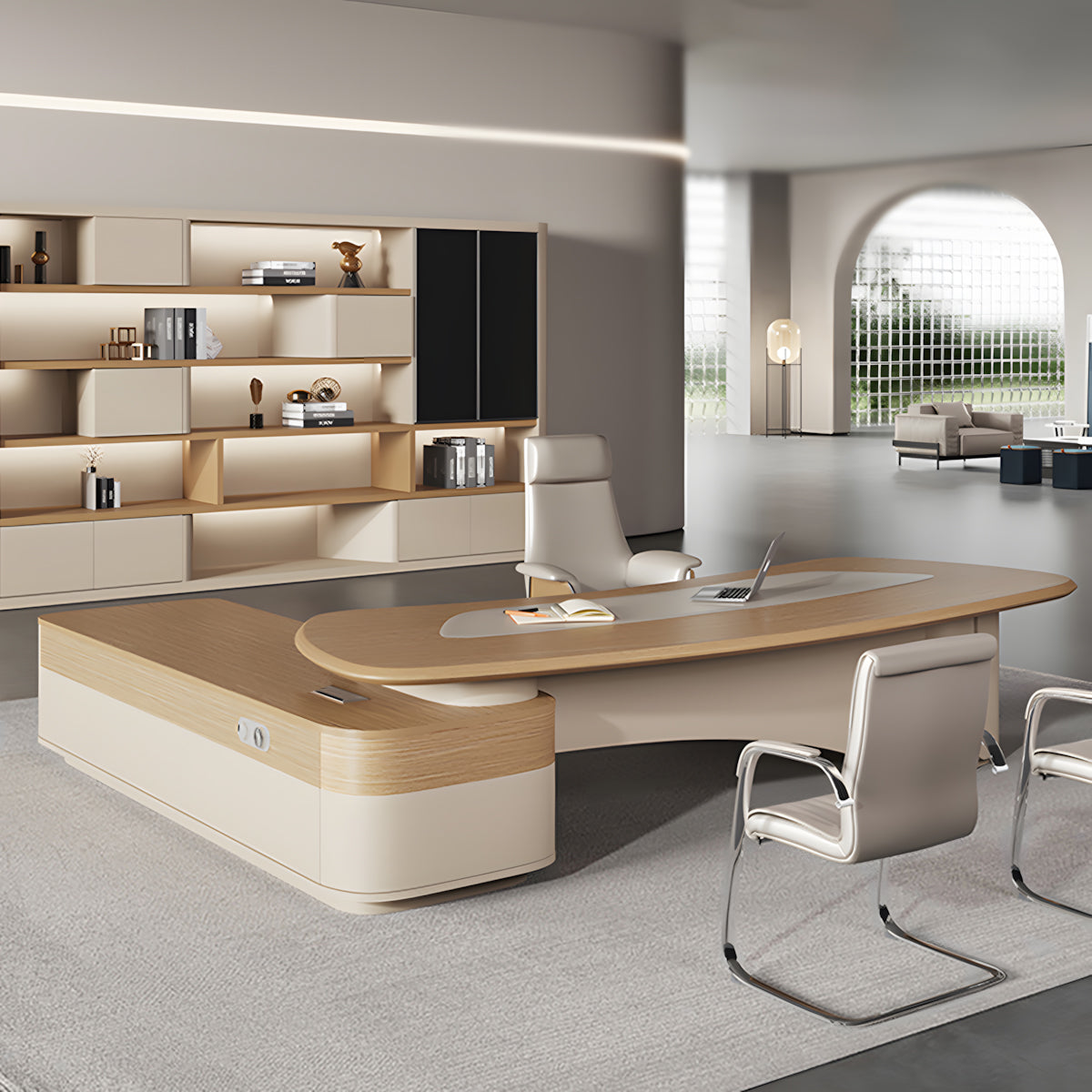 Modern Minimalist L-Shaped Executive Desk 71–126 in Wide with Cable Management, Built-In Power Outlets, Lockable Drawers & Solid Wood