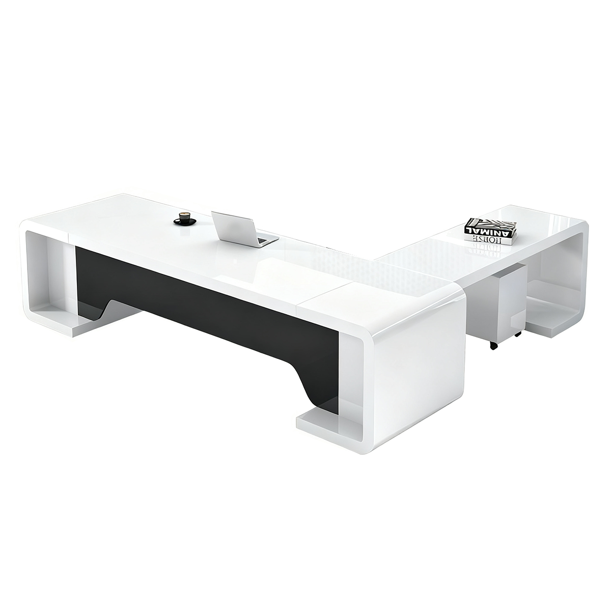 Minimalist Luxury White L-Shaped Executive Desk with Black Privacy Panel