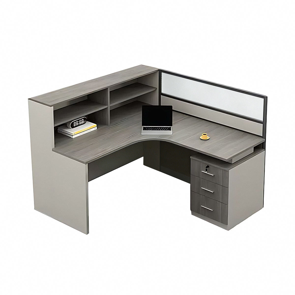 Minimalist Desk with Screen Dividers and High Cabinets