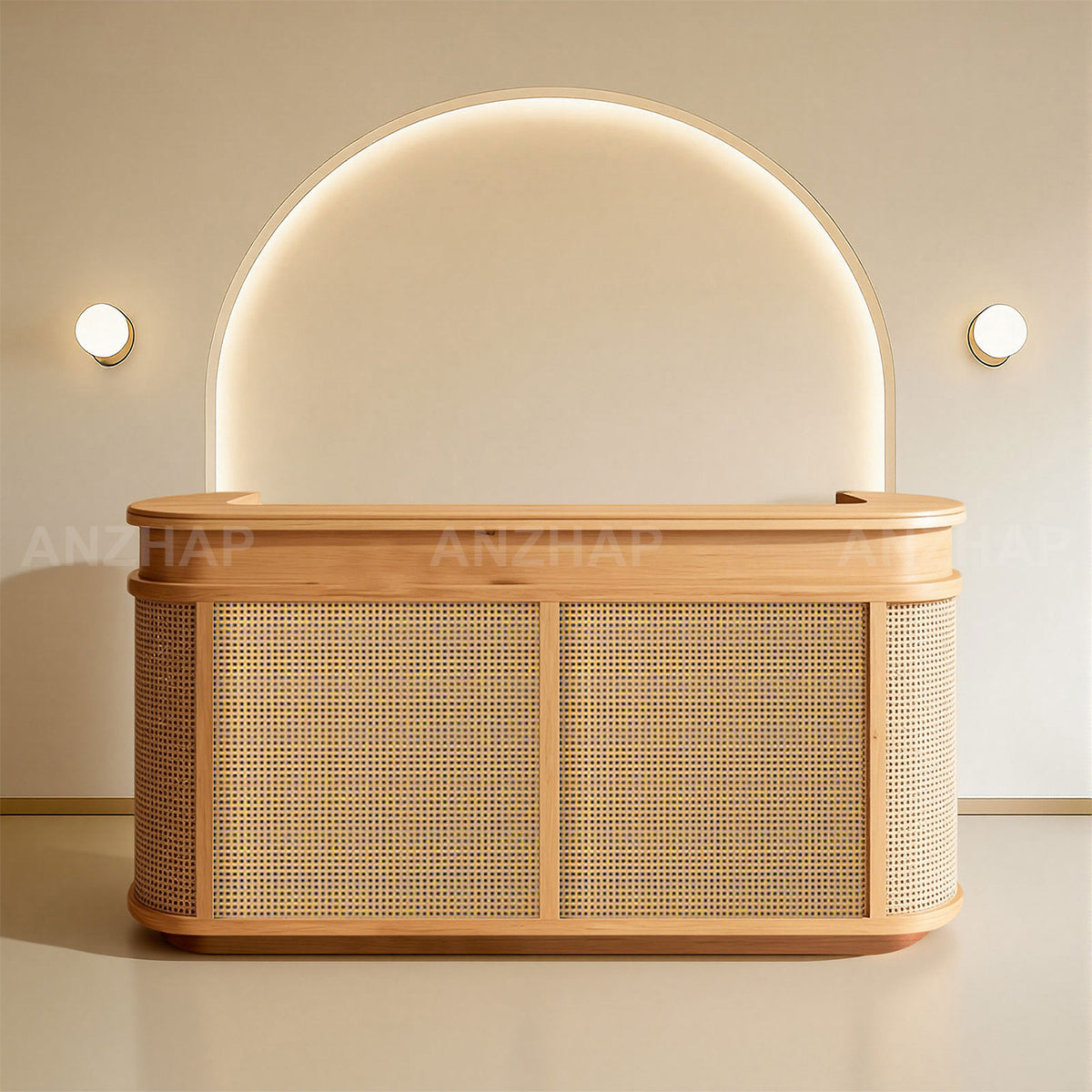 Vintage Curved Reception Desk 47–118 in Wide with File Drawers, Privacy Panel, Transaction Counter & Woven Rattan Detail（Stock Items）