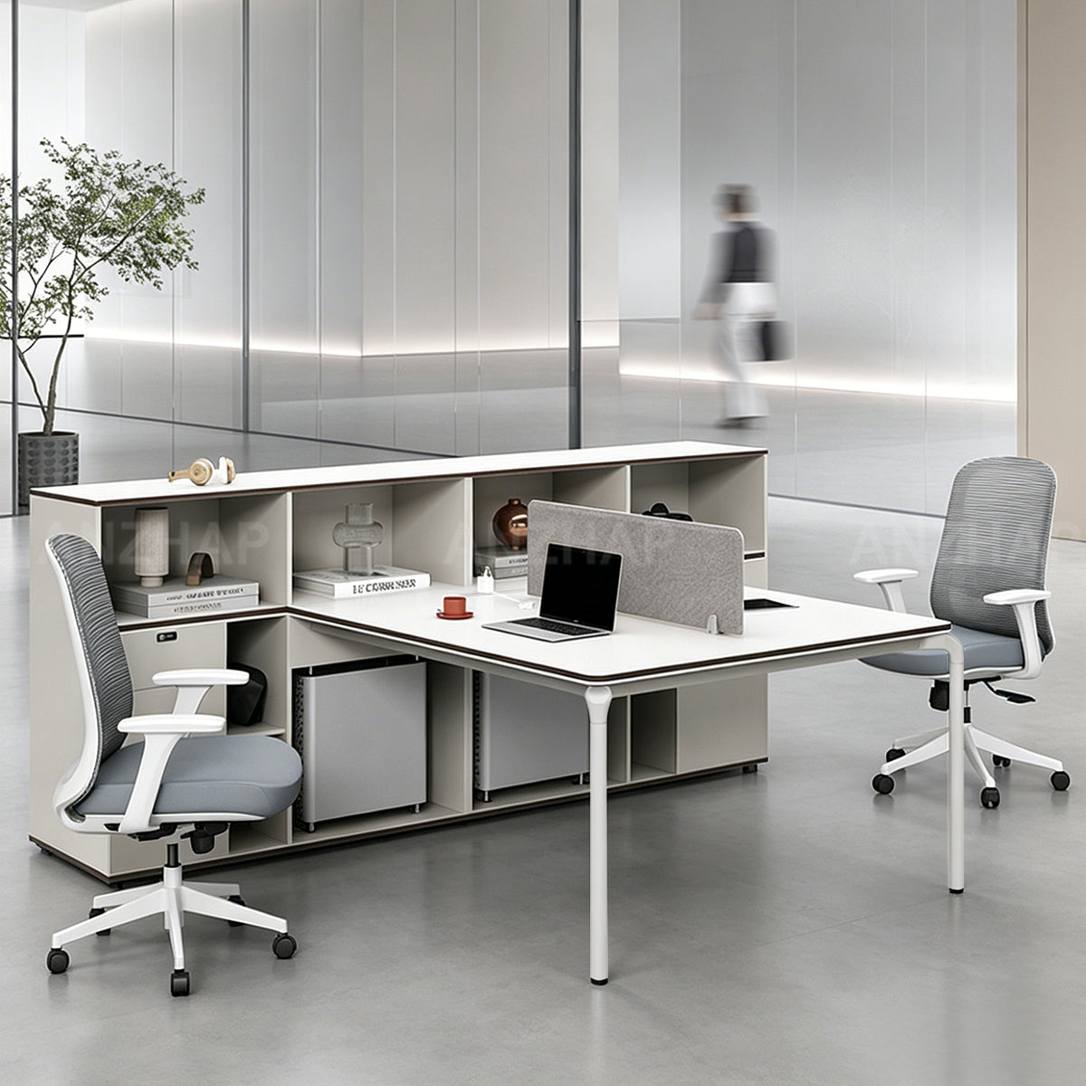Office Desk with Large Side Cabinet, Fabric Privacy Panel and Built-In Power Outlet