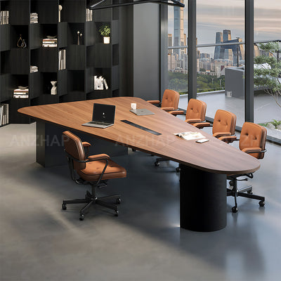 Solid Wood Executive Conference Table with Built-In Power Outlets and Curved Top