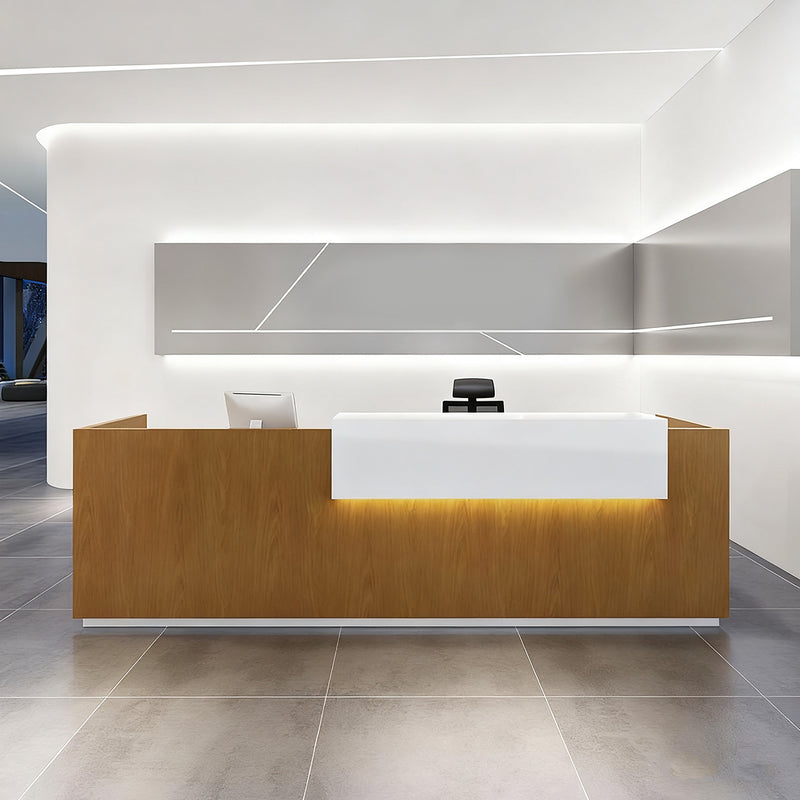 Luxury Modern Reception Desk Wood Veneer Lacquer LED Lighting Storage