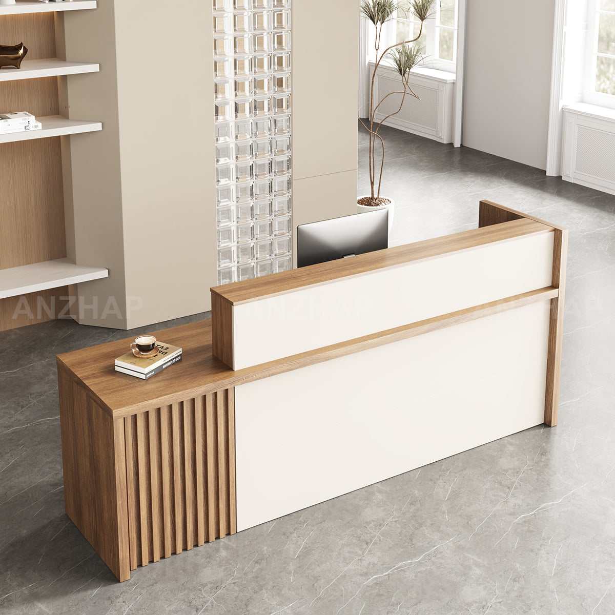 Stylish Reception Desk with Dual-Tier Surface and Secure Storage for Office, Salons and Retail Stores