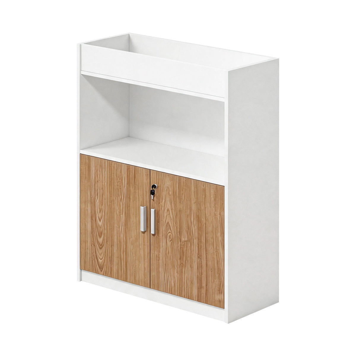 Scandinavian-Style Office Storage Cabinet with Open Cubbies and Wood-Tone Doors