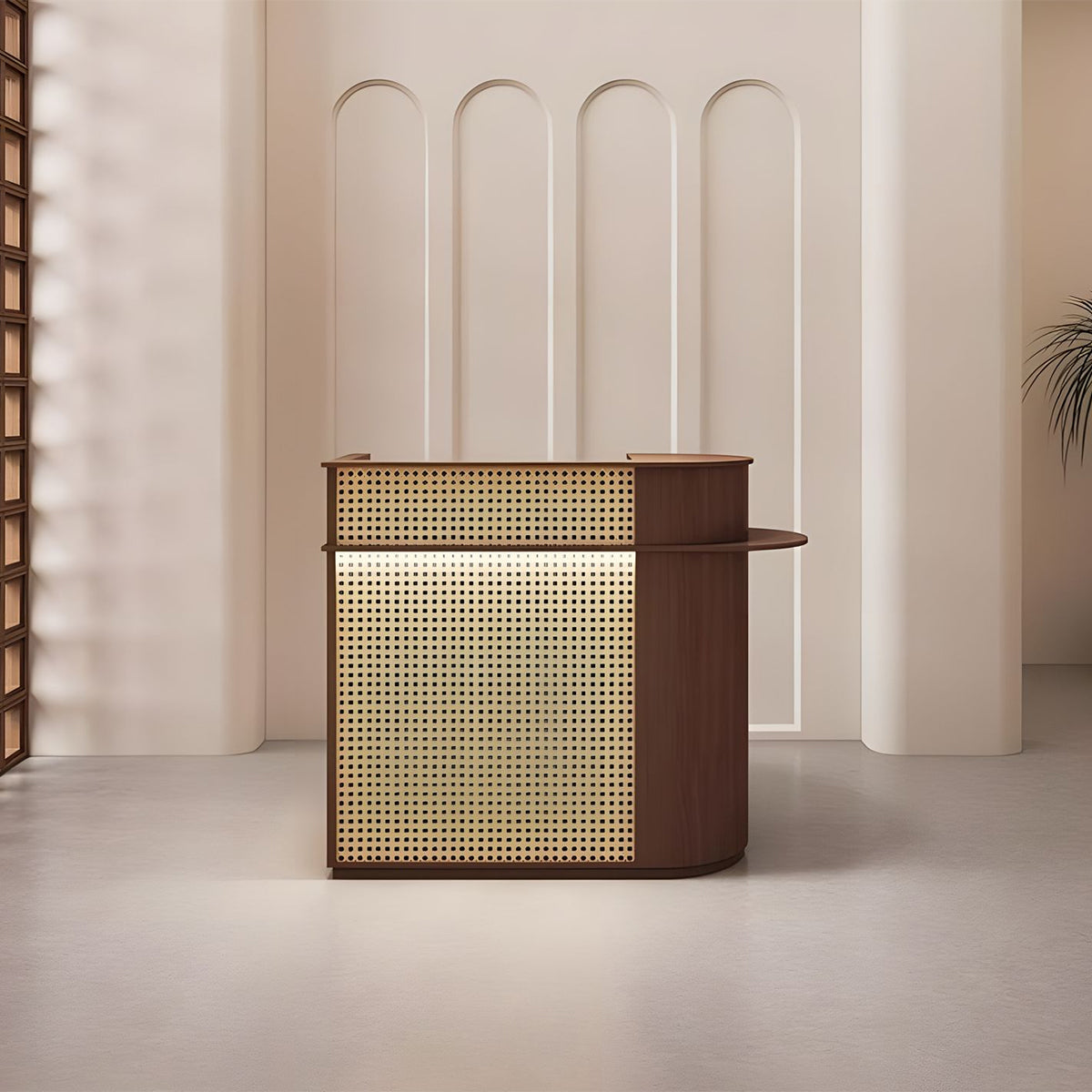 Rattan Reception Desk with LED Strip Lockable Drawer Storage High Density Board