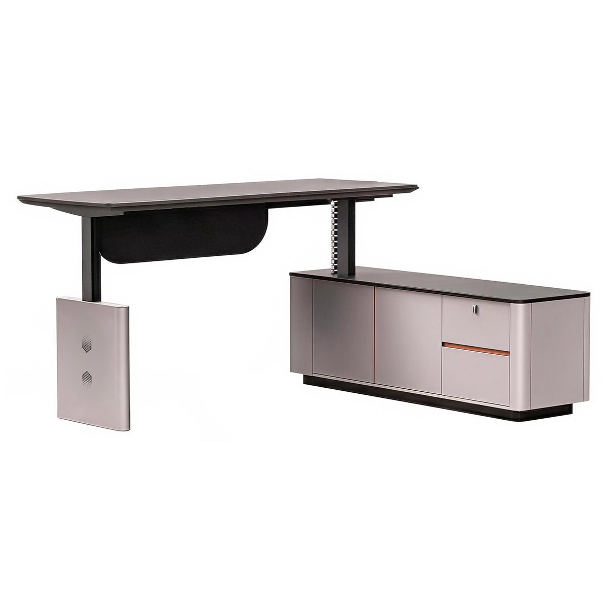Anzhap height-adjustable executive desk with 71 to 94 inch size range, drawer and cabinet detail