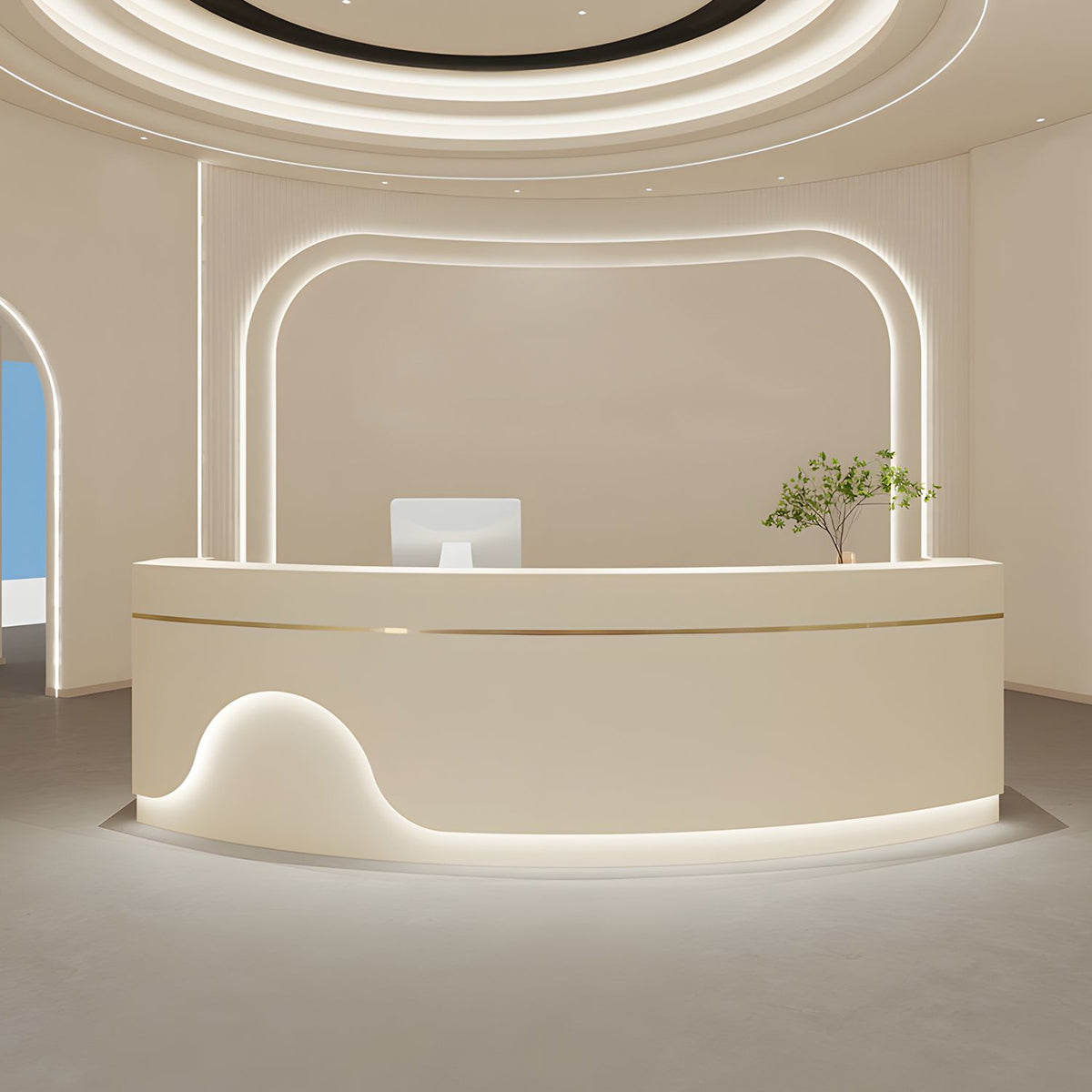 Minimalist and Elegant Curved Reception Desk with Beautiful Light Strip Design and Metal Trim