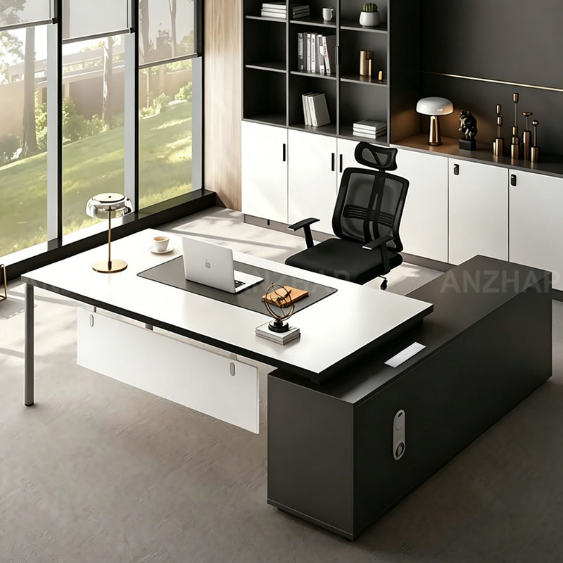 High-End L-Shaped Executive Desk With Power Outlet, Side Cabinet & Modesty Panel