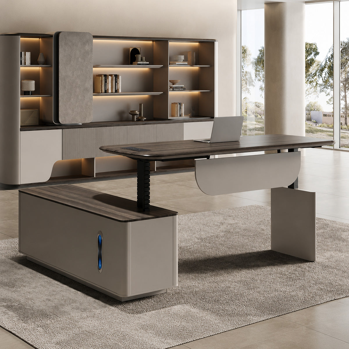 Anzhap height-adjustable executive desk with side storage cabinet, front view