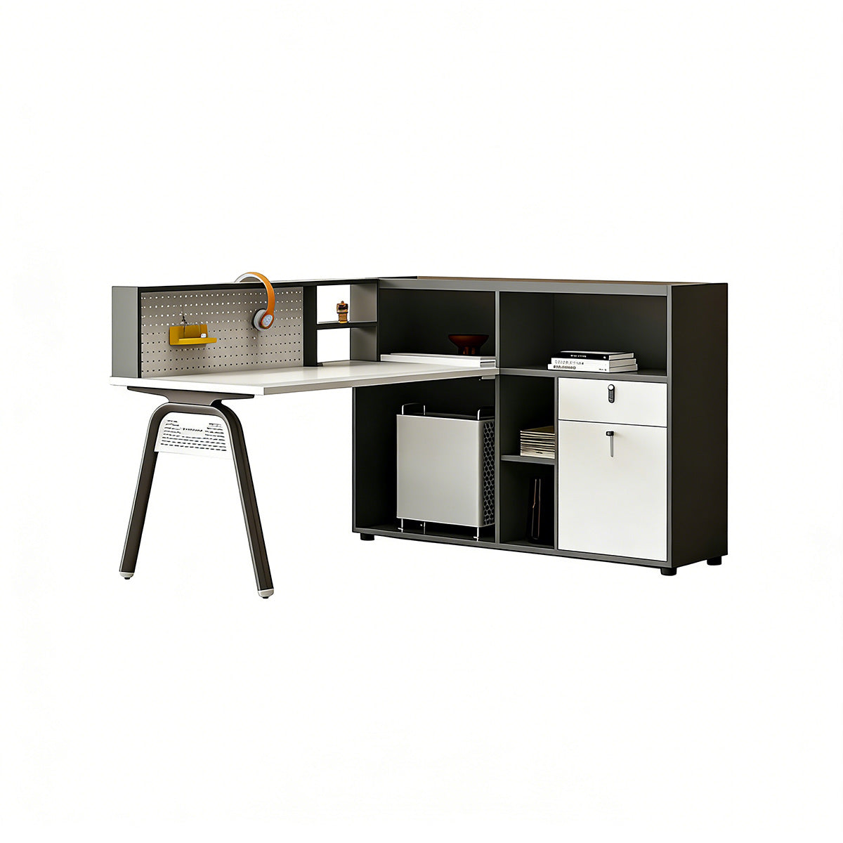 Sleek Office Desk with Integrated Power, Storage & Pegboard