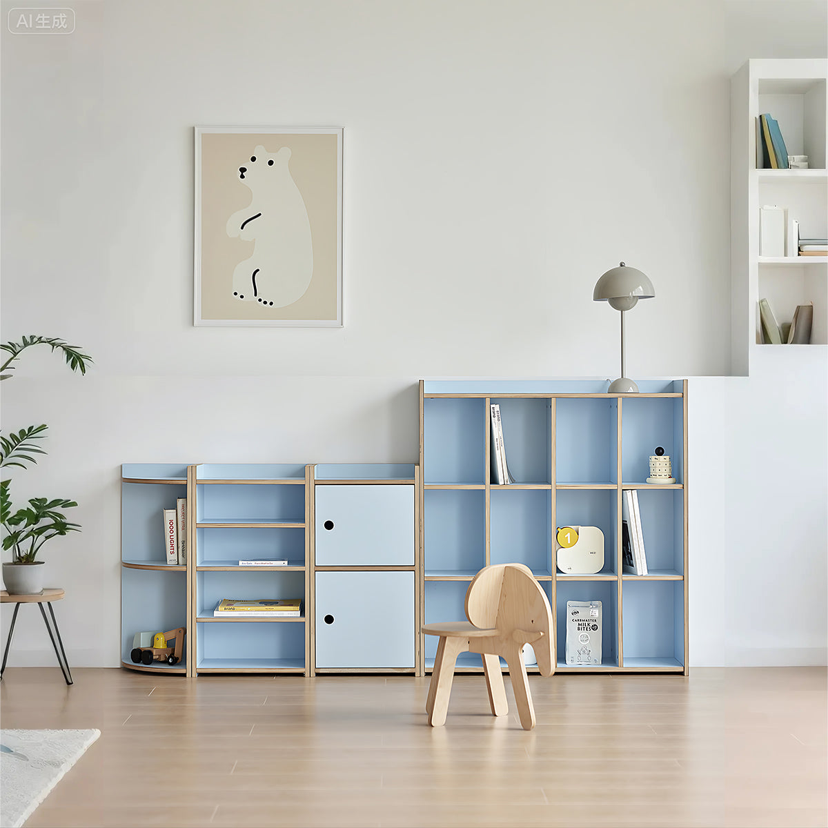 Minimalist Light Blue Birch Plywood Bookshelf with Modular Storage