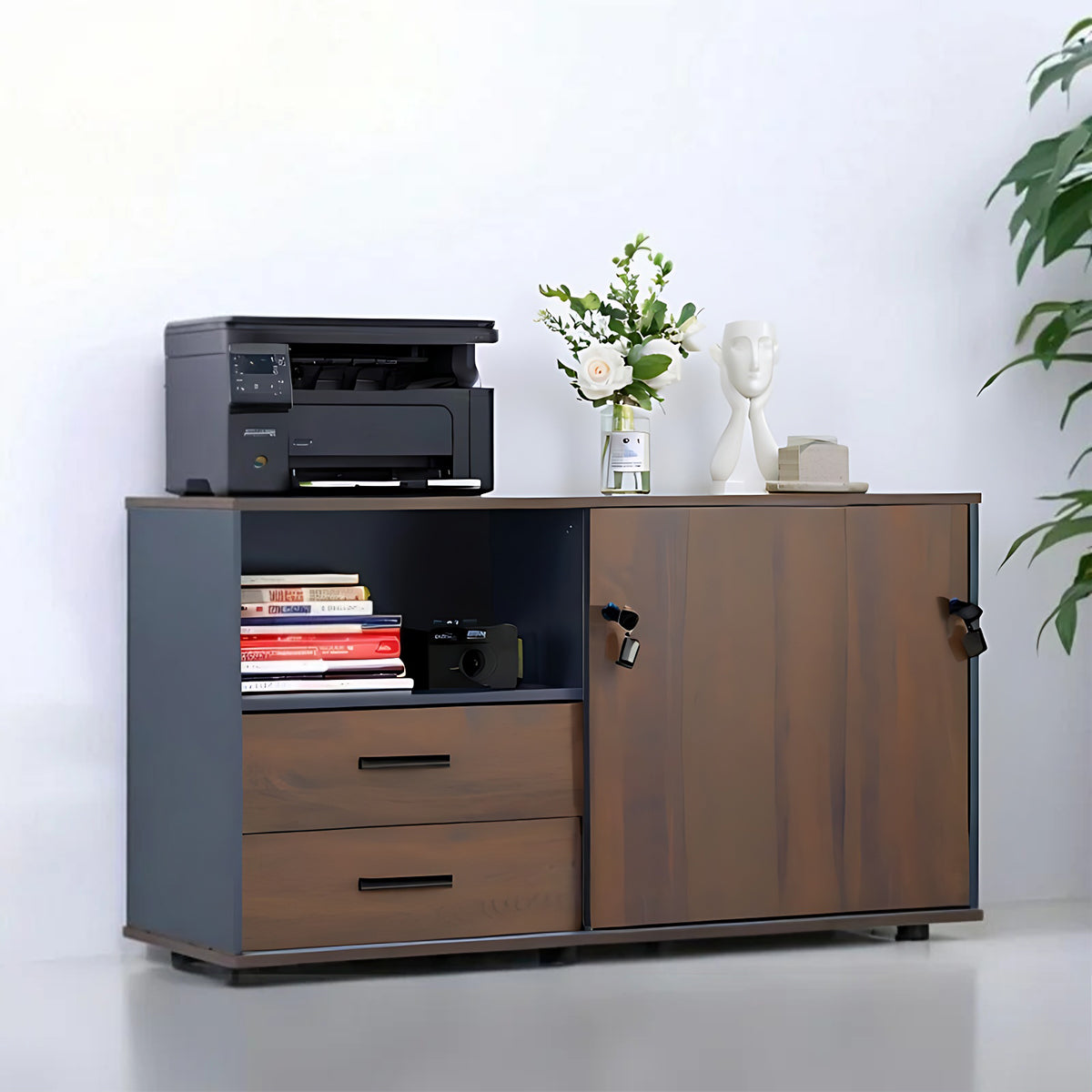 Classic Stylish Walnut and Iron Gray Storage Cabinet with Built-in Handle Drawers and Sliding Doors