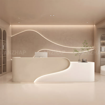 Modern Reception Desk with Rounded Corners, LED Lighting & Storage