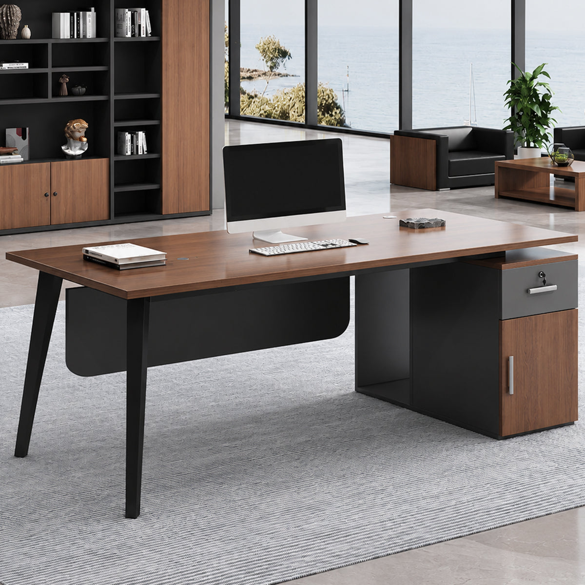 Executive Desk with Side Storage, Lockable Drawer, CPU Tower Space and Cable Grommets