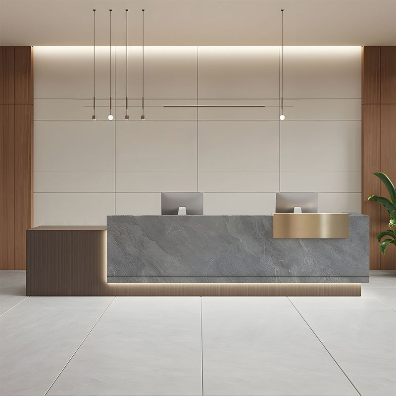 Modern Marble Reception Desk with LED Lights and Storage Cabinets